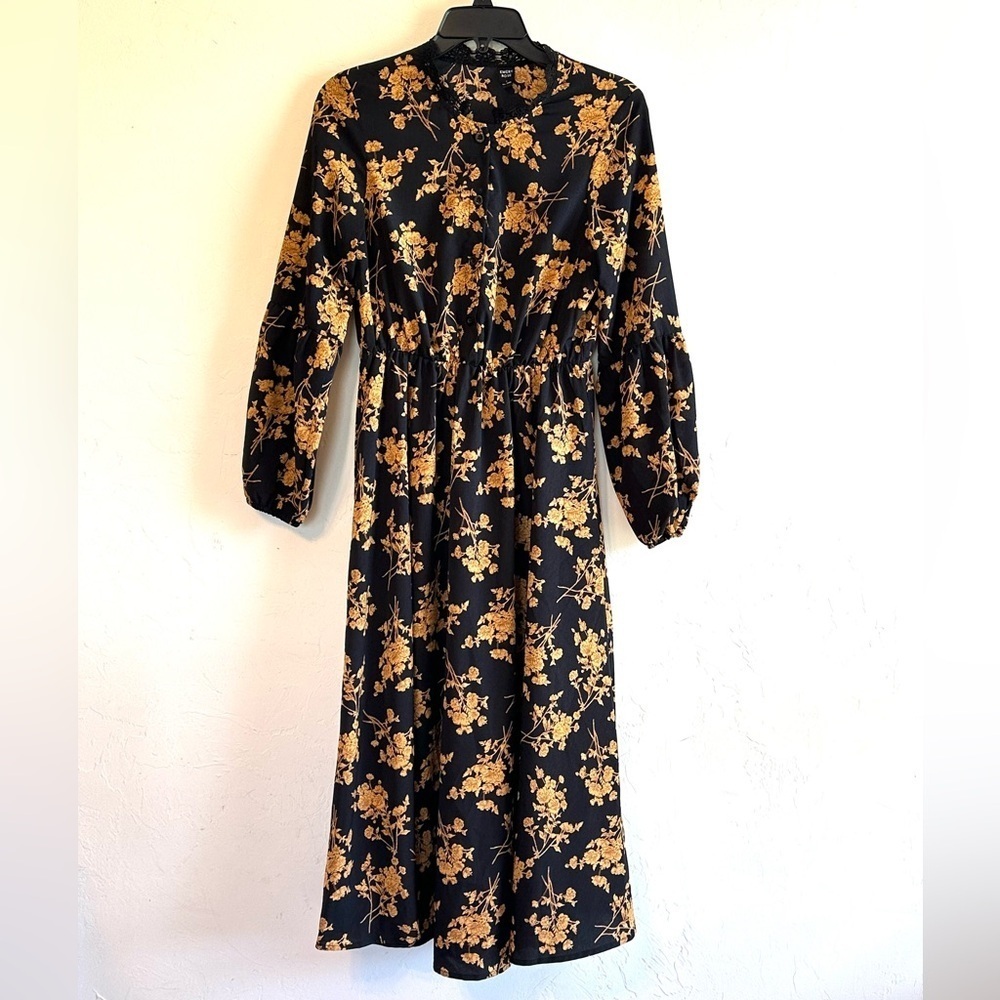 Emery Rose Black/Gold Floral Feminine Long Sleeve Lace Collar Midi Dress Sz S